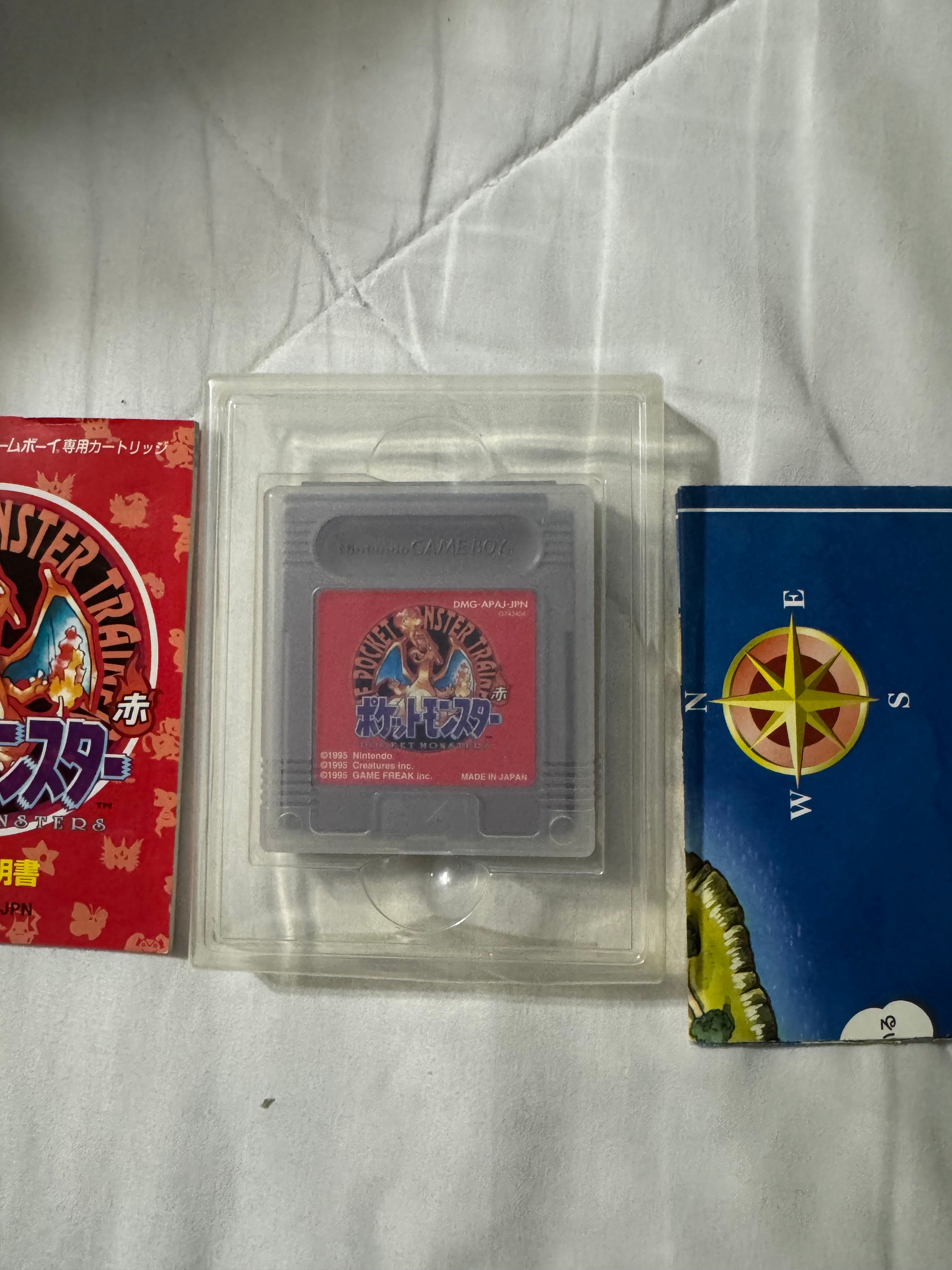 Japanese Pokémon Red box, cartridge in tray, and printed Town Map insert