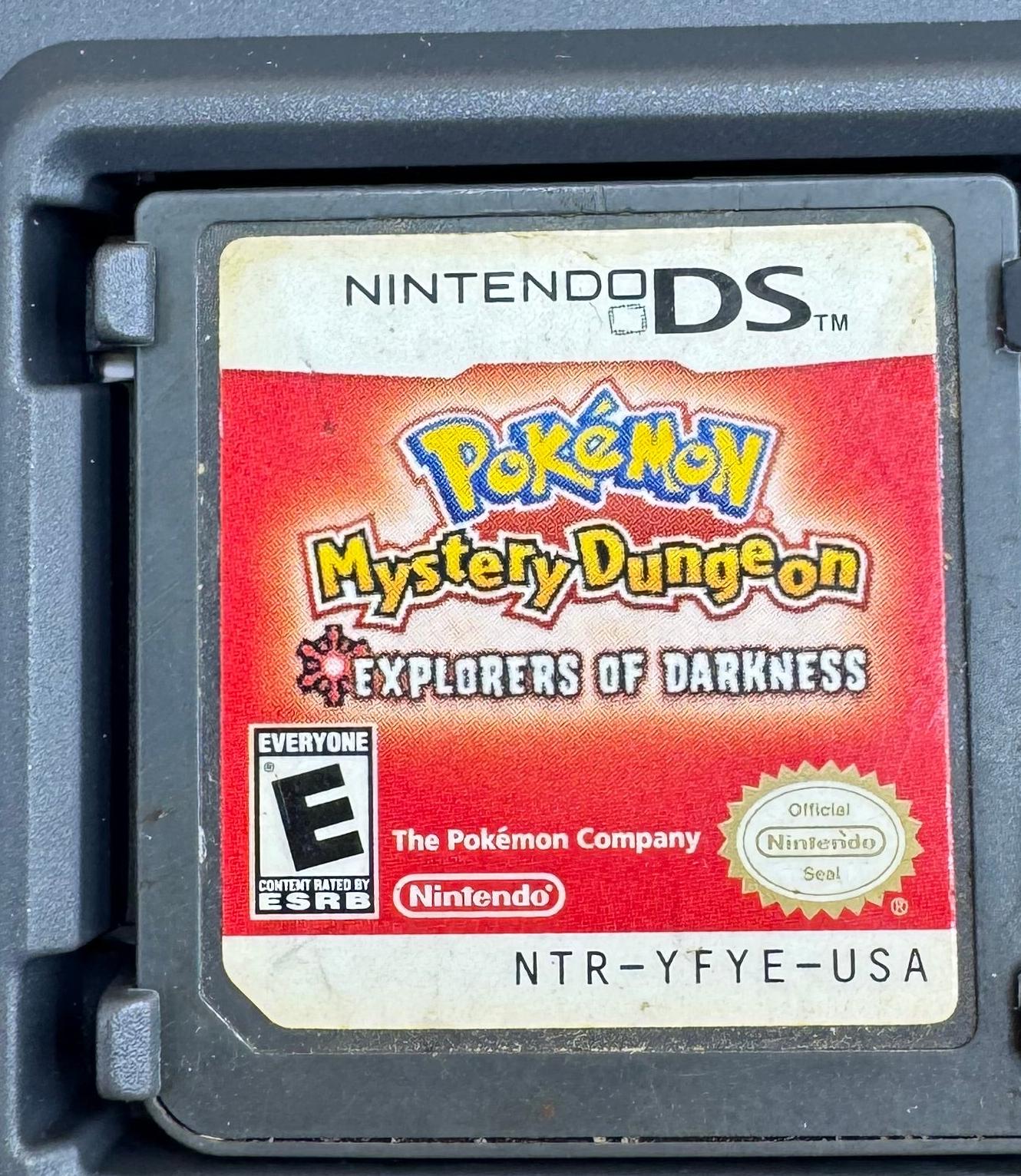 English US Pokémon Mystery Dungeon Explorers of Darkness cartridge label with NTR-YFYE-USA code