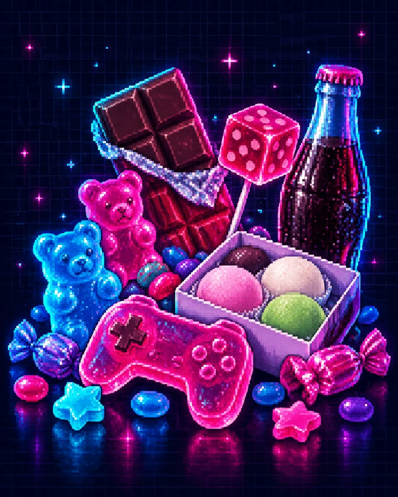 Pixel-art pile of candy and snacks