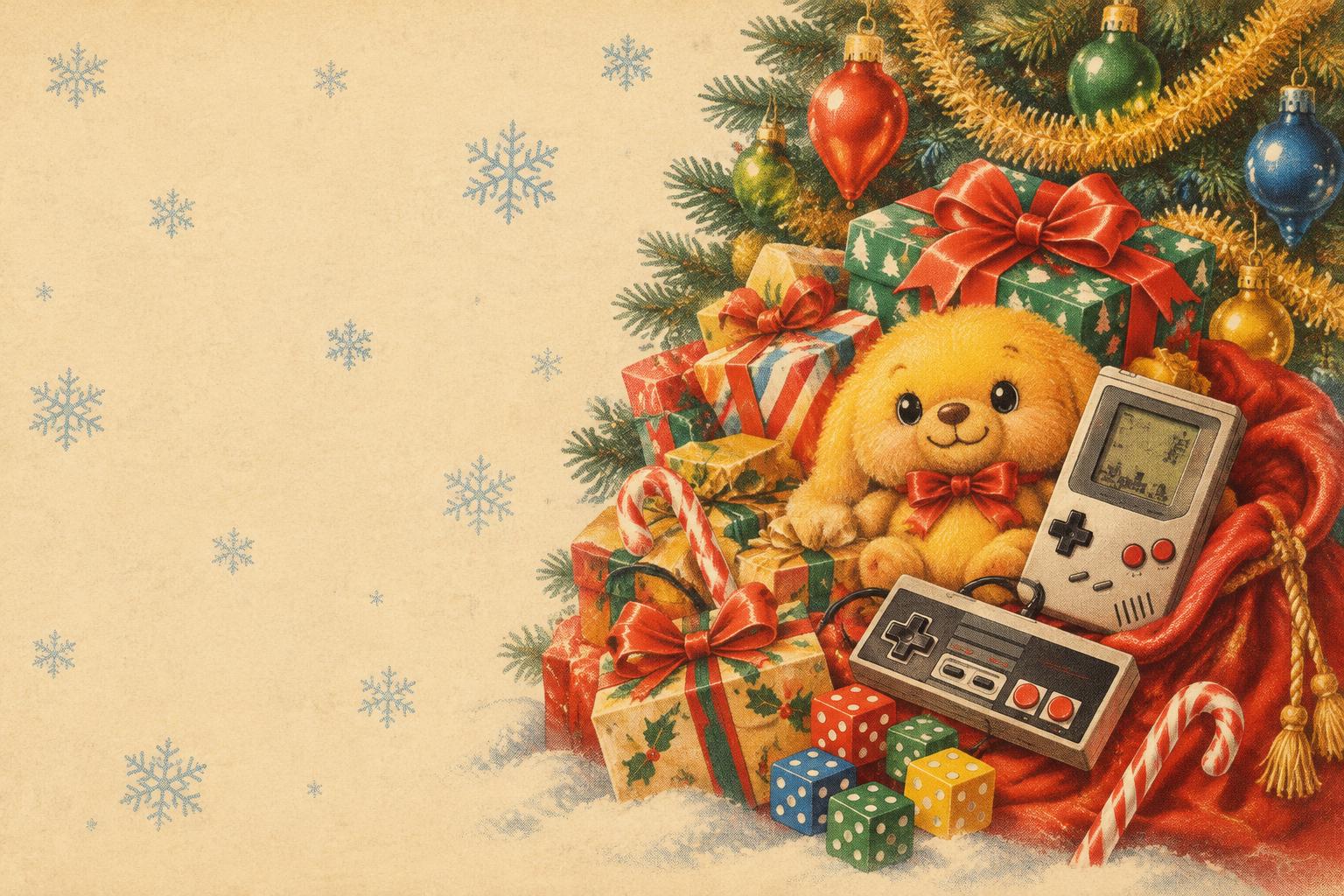 Vintage-style Christmas toy catalog scene with presents, a plush toy, a handheld game and dice under the tree